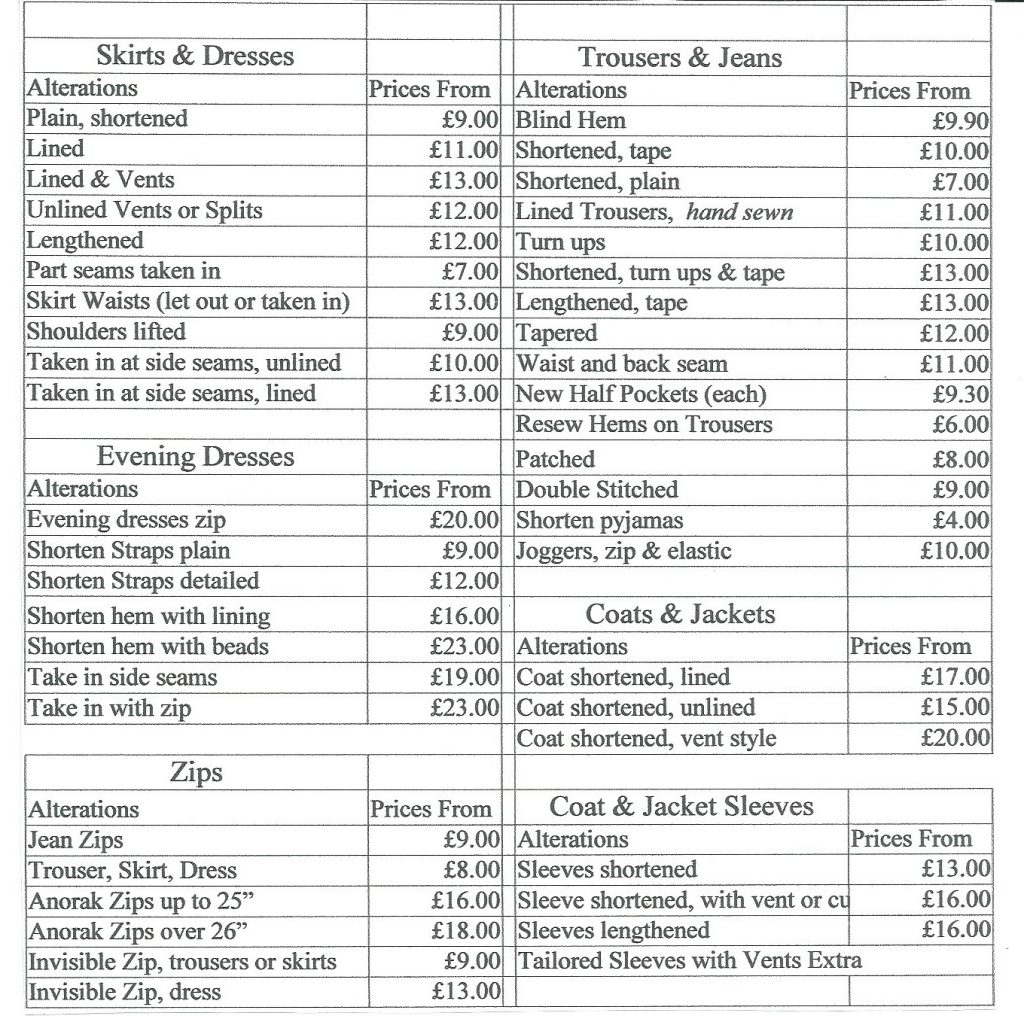 trousers alterations prices
